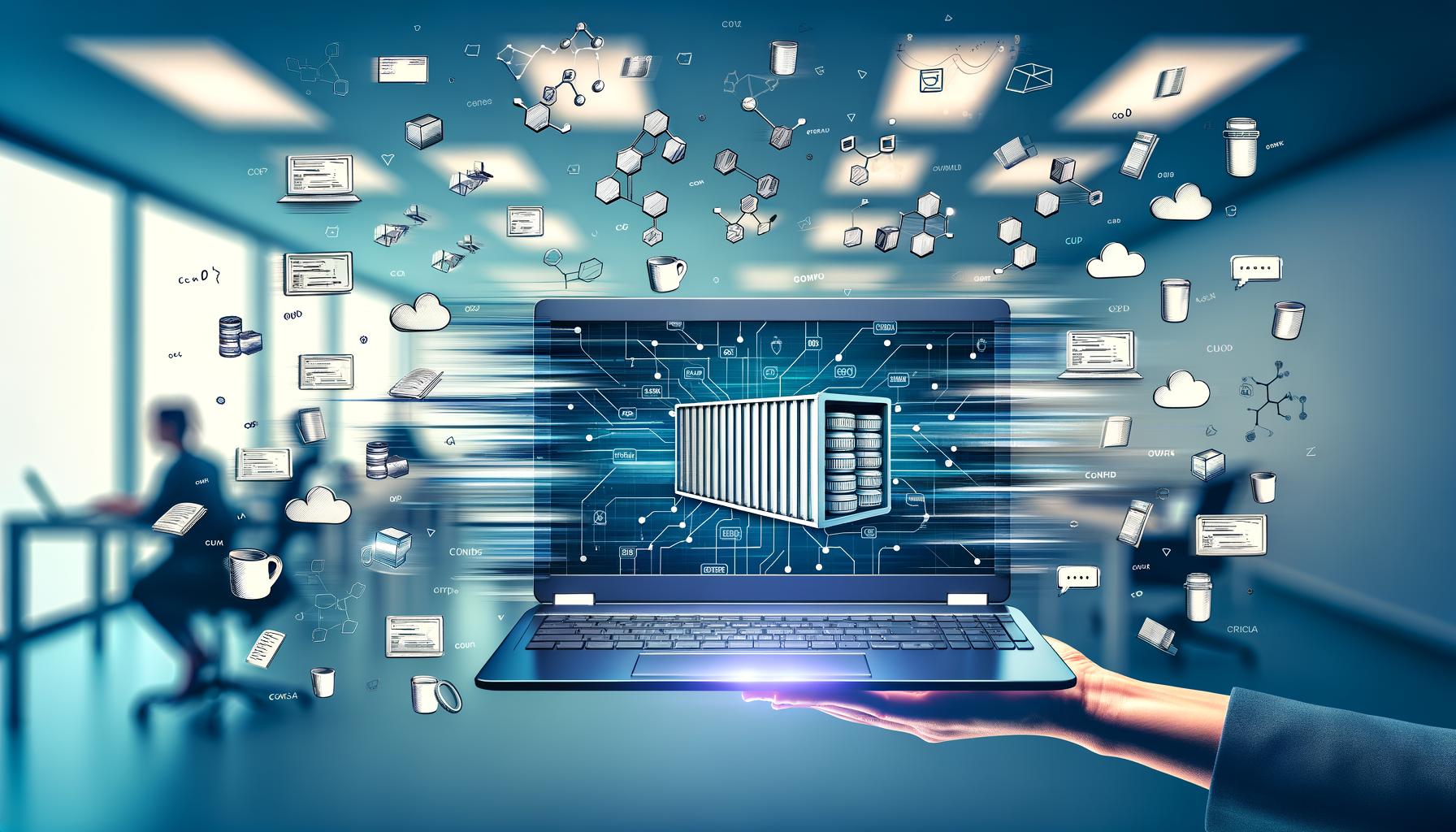 Editorial-Headerbild zeigt einen schicken Laptop mit Docker-Diagramm, schwebende Container-Symbole und Codeschnipsel, im Hintergrund ein agiles Entwicklerteam im modernen Büro mit Architektur-Whiteboard.