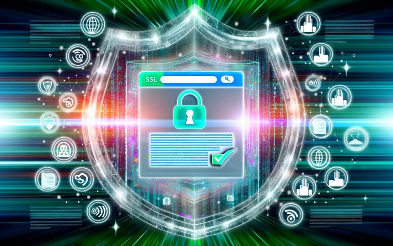 Dynamische Illustration einer sicheren, modernen Website mit SSL-Schloss, Bewertungen, Impressum, renommierten Backlinks, Server- und Datenschutzsymbolen, umgeben von Suchmaschinenlogos und einer Hand für Nutzervertrauen.