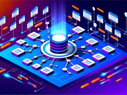 Futuristische isometrische Grafik einer Pillar Page mit verknüpften Cluster Pages, leuchtenden Verbindungslinien, SEO-Tool-Icons und farbenfrohem Blau-Violett-Design.