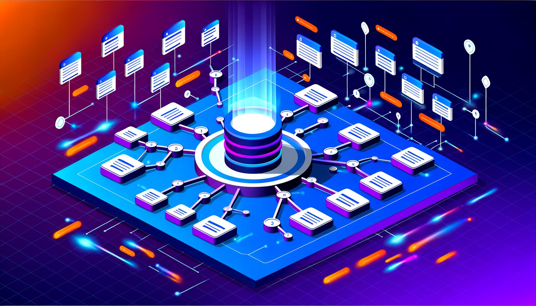 Futuristische isometrische Grafik einer Pillar Page mit verknüpften Cluster Pages, leuchtenden Verbindungslinien, SEO-Tool-Icons und farbenfrohem Blau-Violett-Design.