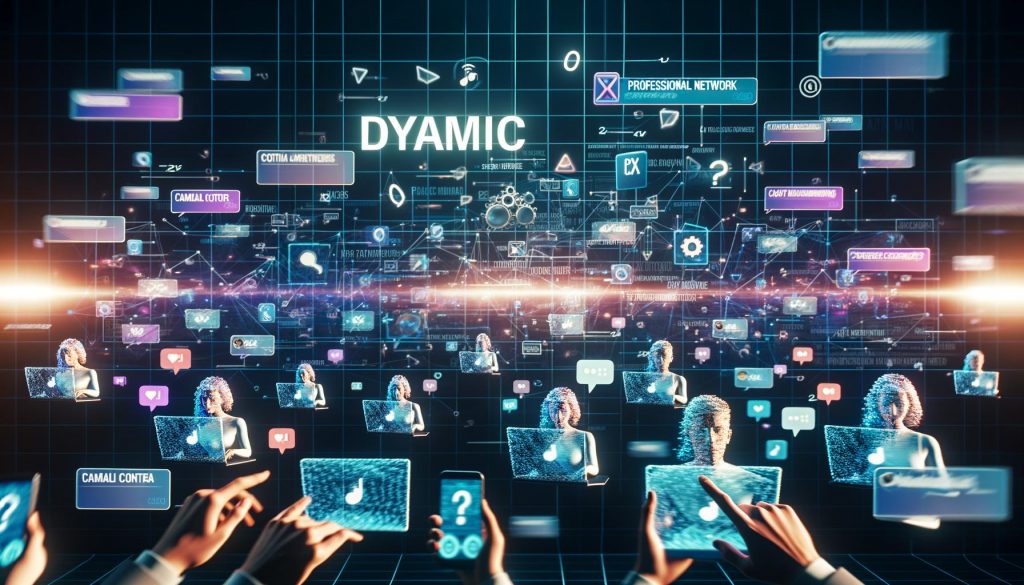 Mehrere Personen aus verschiedenen Altersgruppen bedienen Laptops und Smartphones, während leuchtende digitale Elemente wie Social-Media-Posts, Hashtags, Plattform-Icons und Datennetzwerke sie umgeben.