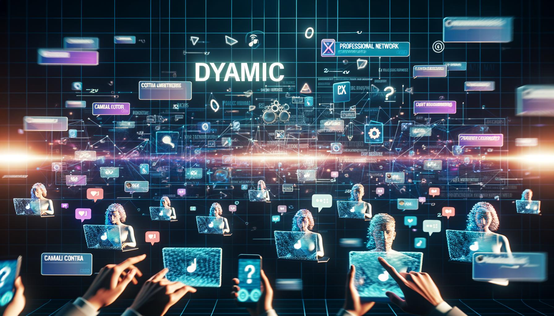 Mehrere Personen aus verschiedenen Altersgruppen bedienen Laptops und Smartphones, während leuchtende digitale Elemente wie Social-Media-Posts, Hashtags, Plattform-Icons und Datennetzwerke sie umgeben.