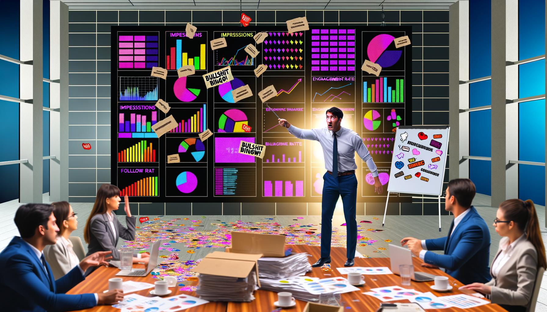 Frustrierter Marketingmanager im Meetingraum vor einer Wand voller chaotischer Präsentationsfolien, umgeben von diskutierenden Kollegen, Berichten und digitalen Einhorn-Anzeigen.
