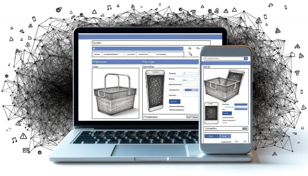 Modernes Online-Shop-Interface mit facettierter Navigation und visualisierten SEO-Risiken durch exponentielles URL-Wachstum