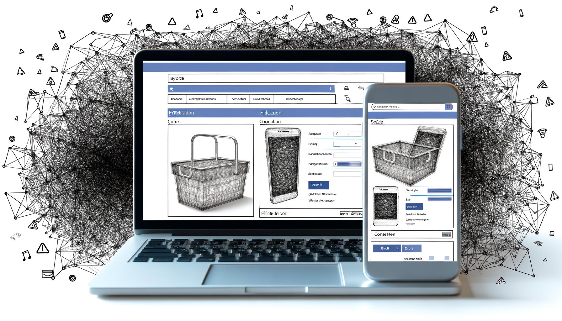 Modernes Online-Shop-Interface mit facettierter Navigation und visualisierten SEO-Risiken durch exponentielles URL-Wachstum