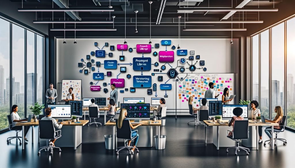 Dynamisches Marketing-Team in moderner Büroumgebung mit großen Bildschirmen, die KI-Flussdiagramme, Prompt-Bibliotheken und Content-Bausteine anzeigen. Whiteboards sind mit Workflows, Post-its und API-Integrationen ausgefüllt.