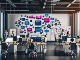 Dynamisches Marketing-Team in moderner Büroumgebung mit großen Bildschirmen, die KI-Flussdiagramme, Prompt-Bibliotheken und Content-Bausteine anzeigen. Whiteboards sind mit Workflows, Post-its und API-Integrationen ausgefüllt.