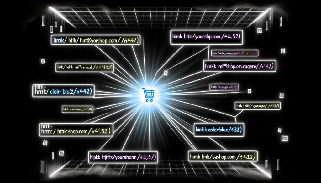 Dramatische Illustration einer Online-Shop-Kategorieseite mit vielen verzweigten Filter-URLs und einem hervorgehobenen canonischen Link im Mittelpunkt.