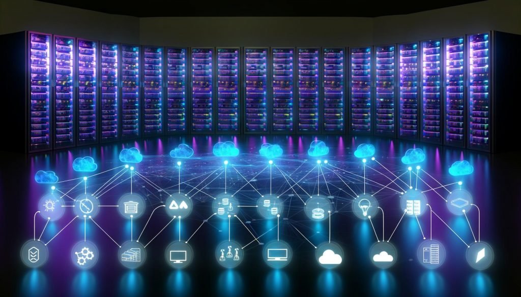 Futuristischer Serverraum mit Neonlichtern und abstrakten Symbolen für ereignisgesteuerte Microservices und veralteten, blassen Cronjob-Blättern in einer Ecke.