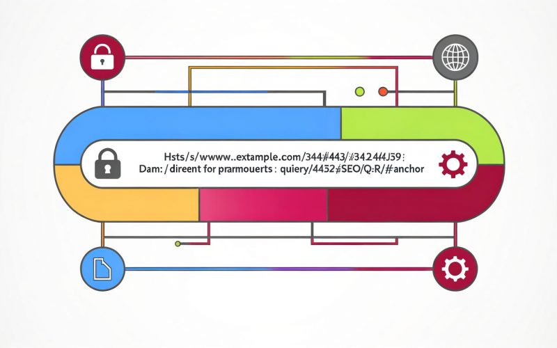 Minimalistische Infografik einer URL-Leiste mit farbig markierten Bestandteilen und erklärenden Symbolen für HTTPS, Domain, Port, Pfad, Parameter und Fragment.