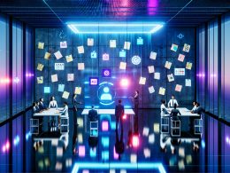 Futuristisches Büro mit digitalem Scheduler und vielfältigem Team in Neon-Licht, ersetzt veraltete Papiermethoden durch KI-gesteuerte Planung.