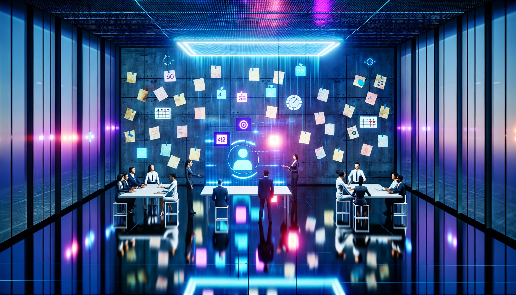 Futuristisches Büro mit digitalem Scheduler und vielfältigem Team in Neon-Licht, ersetzt veraltete Papiermethoden durch KI-gesteuerte Planung.