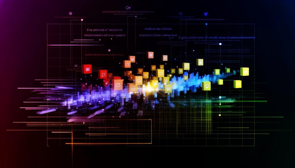 Stilisiertes Titelbild einer dynamischen Microservices-Architektur mit schwebenden Datenpaketen, leuchtendem Event-Broker und dezent verblassenden Monolithen im Hintergrund auf dunkler Neon-Farbpalette.