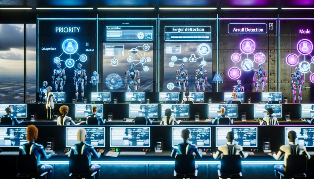 Futuristischer Kontrollraum mit Hologrammen, KI-Dashboards, Operatoren, Roboterarmen und Cloud-Servern in urbaner Technikumgebung.