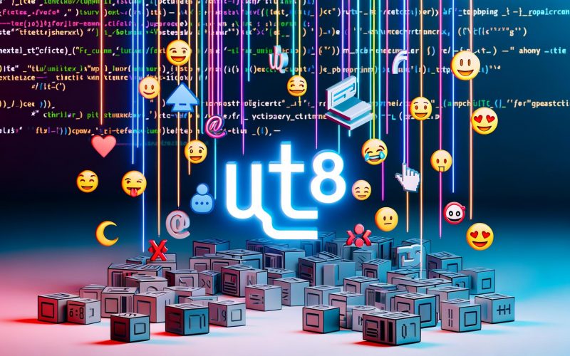 Illustration eines digitalen Universums mit strahlendem UTF-8 im Zentrum, umgeben von Schriftzeichen, Emojis und abstrahierter Computer-Infrastruktur wie Server, Datenbanken und Code-Elementen, verbunden durch lebendige Datenströme.