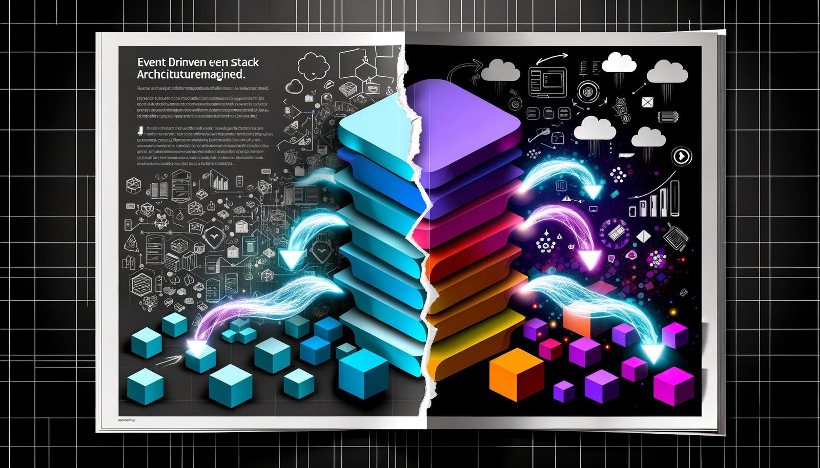 Illustration: Zerbröckelnder Monolith neben bunten Microservices-Würfeln, verbunden durch Event-Ströme, zentraler Event Broker, mit digitalen Symbolen im Hintergrund