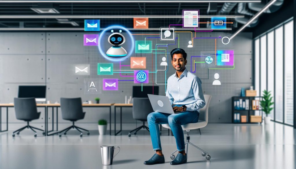 Modernes Büro mit jungem Geschäftsmann, der vor einem Laptop sitzt, umgeben von digitalen Task-Icons, Kalenderereignissen, einem schwebenden KI-Assistenten und automatisierten Arbeitsprozessen.