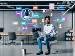 Modernes Büro mit jungem Geschäftsmann, der vor einem Laptop sitzt, umgeben von digitalen Task-Icons, Kalenderereignissen, einem schwebenden KI-Assistenten und automatisierten Arbeitsprozessen.