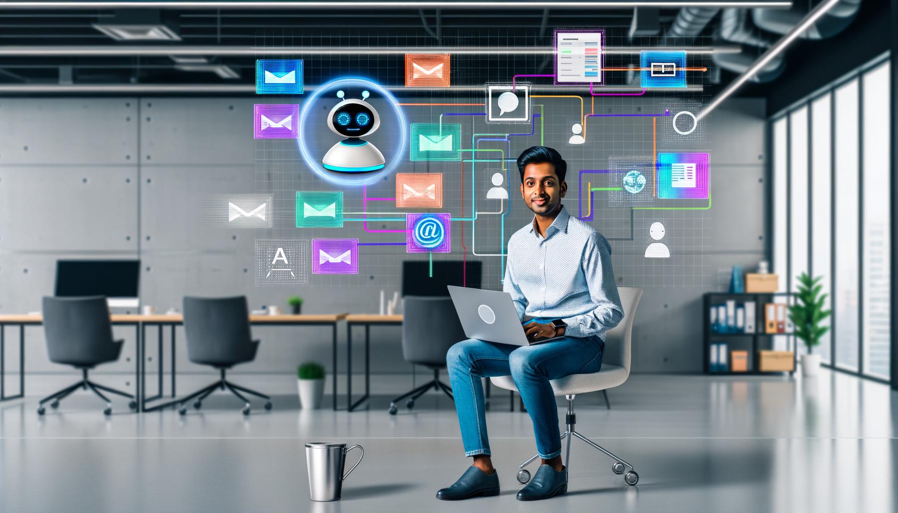 Modernes Büro mit jungem Geschäftsmann, der vor einem Laptop sitzt, umgeben von digitalen Task-Icons, Kalenderereignissen, einem schwebenden KI-Assistenten und automatisierten Arbeitsprozessen.