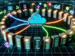 Visualisierung eines modernen Rechenzentrums mit zentralem Event Broker, verbunden mit leuchtenden Datenlinien zu Microservice-Containern für Funktionen wie Consumer, Producer, Validation, Monitoring und Security. Umgeben von Schlüsselbegriffen wie Event Sourcing, Idempotenz und Dead Letter Queue, im Hintergrund ein Whiteboard mit Checkliste.