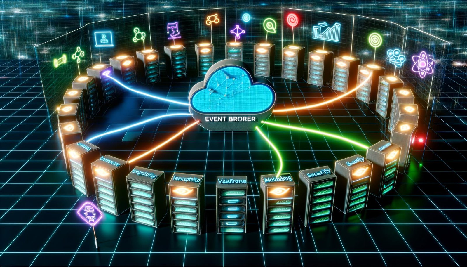 Visualisierung eines modernen Rechenzentrums mit zentralem Event Broker, verbunden mit leuchtenden Datenlinien zu Microservice-Containern für Funktionen wie Consumer, Producer, Validation, Monitoring und Security. Umgeben von Schlüsselbegriffen wie Event Sourcing, Idempotenz und Dead Letter Queue, im Hintergrund ein Whiteboard mit Checkliste.