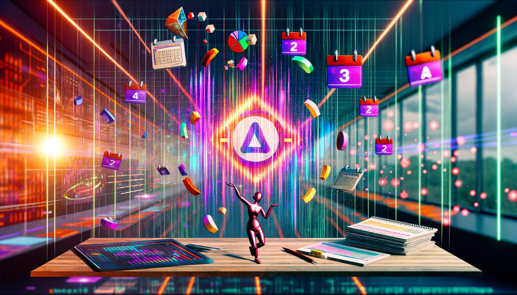 Futuristischer Arbeitsplatz mit digitalem Zirkusdirektor, der zwischen schwebenden Kalendern, Deadlines und leuchtenden KI-Icons jongliert. Im Hintergrund fliegen neonfarbene To-Do-Listen und ein großes LLM-Interface dominiert die Szene.