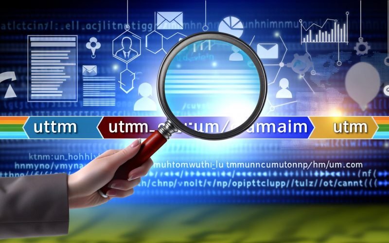 Eine moderne Lupe schwebt über einer farbigen URL mit UTM-Parametern. Im Hintergrund sind digitale Icons für Analyse, E-Mail, soziale Medien und Diagramme zu sehen.