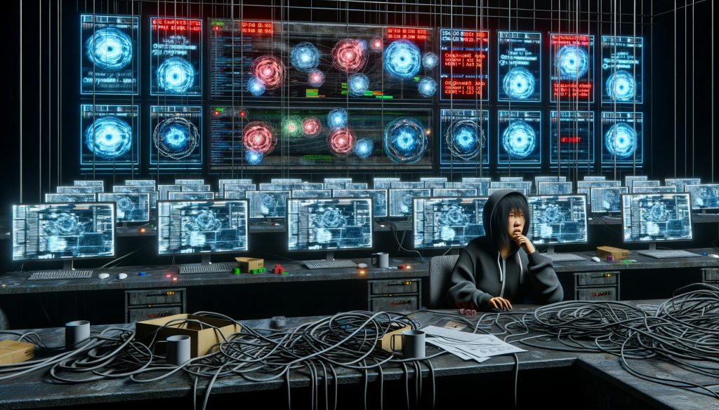 Frustrierter Ingenieur im Hightech-Kontrollraum voller Monitore, Fehler-Logs und Task-Grafen während intensiver KI-Fehleranalyse