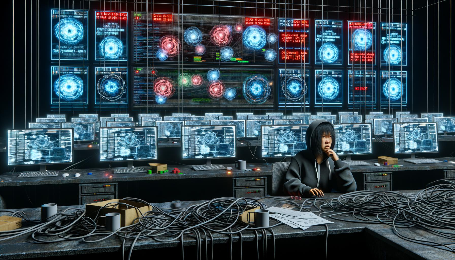 Frustrierter Ingenieur im Hightech-Kontrollraum voller Monitore, Fehler-Logs und Task-Grafen während intensiver KI-Fehleranalyse