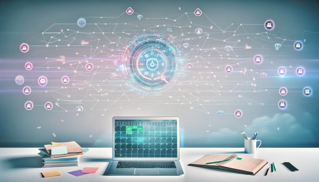 Moderne Arbeitsumgebung mit Laptop, schwebender KI-Datenvisualisierung, buntem digitalen Zeitplan und zerknüllten analogen Planungswerkzeugen am Rand.