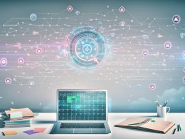 Moderne Arbeitsumgebung mit Laptop, schwebender KI-Datenvisualisierung, buntem digitalen Zeitplan und zerknüllten analogen Planungswerkzeugen am Rand.