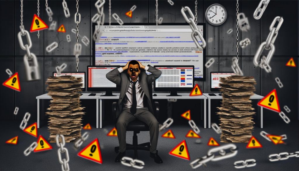 Illustration eines gestressten Website-Managers, der im dunklen Büro von von Fehlern und Warnungen über Seitenpaginierung, Duplicate und Thin Content, kaputten Links sowie Googlebots umgeben ist.