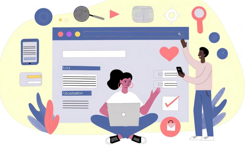 Moderne, minimalistisch illustrierte Szene einer Person mit Laptop und Smartphone, umgeben von Design- und Usability-Elementen sowie freundlicher Typografie auf hellem Grund