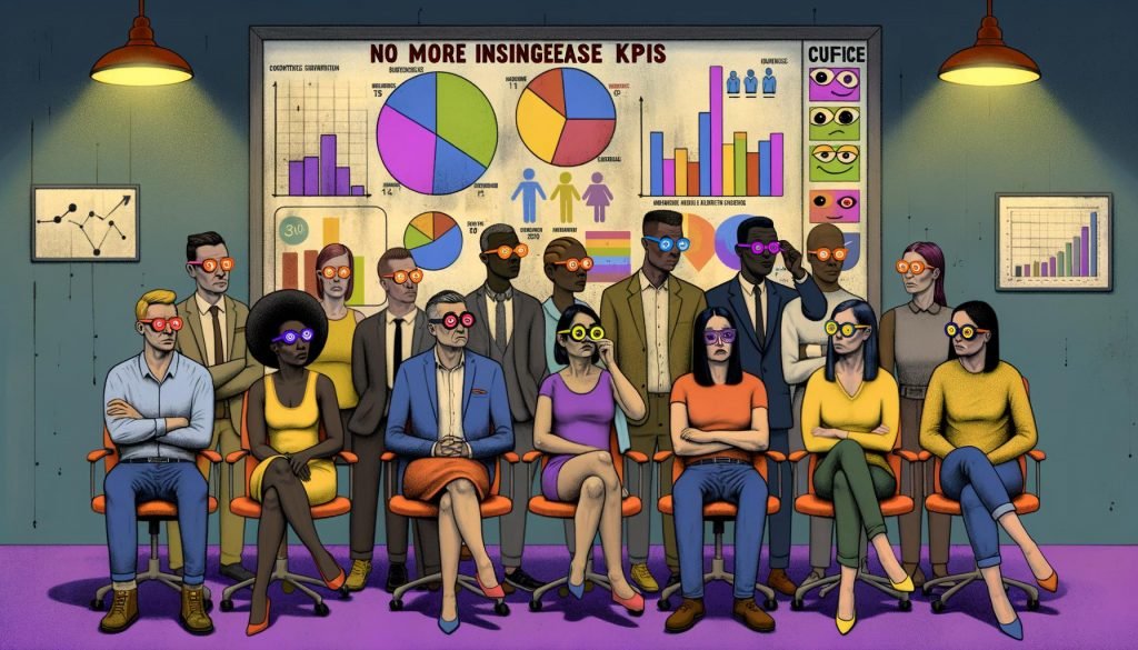 Illustration: Marketingteam mit Dashboard voller Vanity Metrics; eine Person nimmt die rosarote Brille ab. Im Hintergrund Poster 'No More Bullshit KPIs'.