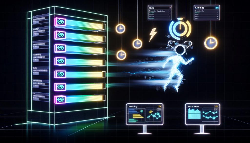 Illustration eines modernen Serverraums mit schwebenden leuchtenden Task Queues, digitalen Aufgaben-Karten und einer Lichtfigur als Dirigent, umgeben von Monitoren mit Echtzeitdaten.