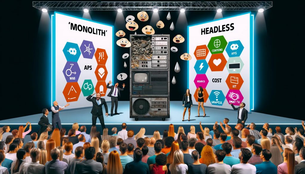 Inszenierte Bühnenszene mit großem, verstaubtem Monolithen-CMS-Computer, daneben modernes Headless-CMS mit APIs und Icons für verschiedene Endgeräte, begeisterte Techies im Vordergrund, nachdenkliche Entscheider im Hintergrund.