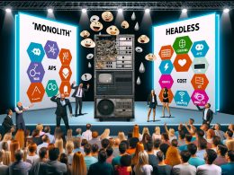 Inszenierte Bühnenszene mit großem, verstaubtem Monolithen-CMS-Computer, daneben modernes Headless-CMS mit APIs und Icons für verschiedene Endgeräte, begeisterte Techies im Vordergrund, nachdenkliche Entscheider im Hintergrund.