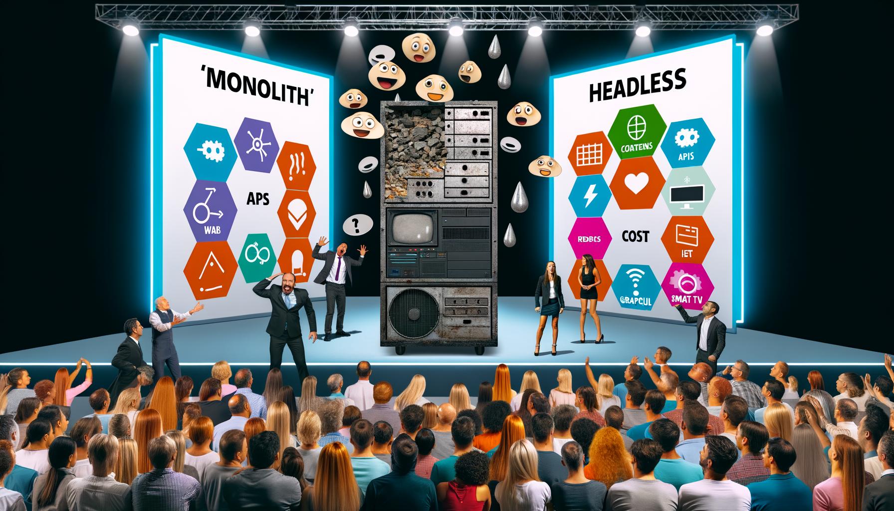 Inszenierte Bühnenszene mit großem, verstaubtem Monolithen-CMS-Computer, daneben modernes Headless-CMS mit APIs und Icons für verschiedene Endgeräte, begeisterte Techies im Vordergrund, nachdenkliche Entscheider im Hintergrund.