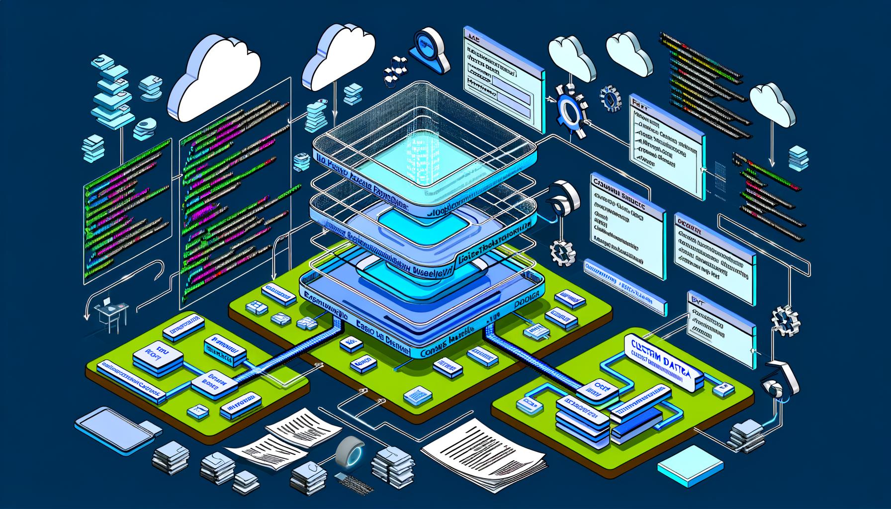 Isometrische Darstellung einer Website-Infrastruktur mit transparentem Data Layer, klar beschrifteten Datenfeldern, strukturierten Datenflüssen zu Analytics- und Consent-Plattformen und chaotischen, veralteten Trackingskripten im Hintergrund.