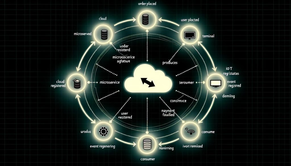 Moderne Infografik mit leuchtendem Event Broker, verbunden mit Producer- und Consumer-Symbolen, Events wie „OrderPlaced“ und Themenschwerpunkten wie Topics, Queues und Event Sourcing vor kontrastiertem Hintergrund.