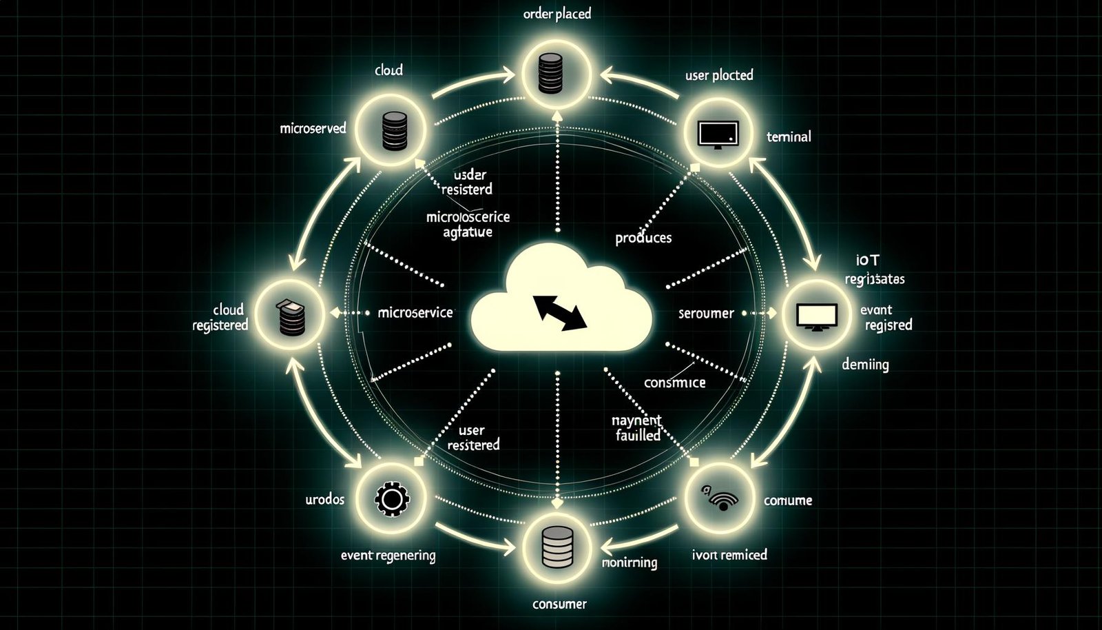 Moderne Infografik mit leuchtendem Event Broker, verbunden mit Producer- und Consumer-Symbolen, Events wie „OrderPlaced“ und Themenschwerpunkten wie Topics, Queues und Event Sourcing vor kontrastiertem Hintergrund.