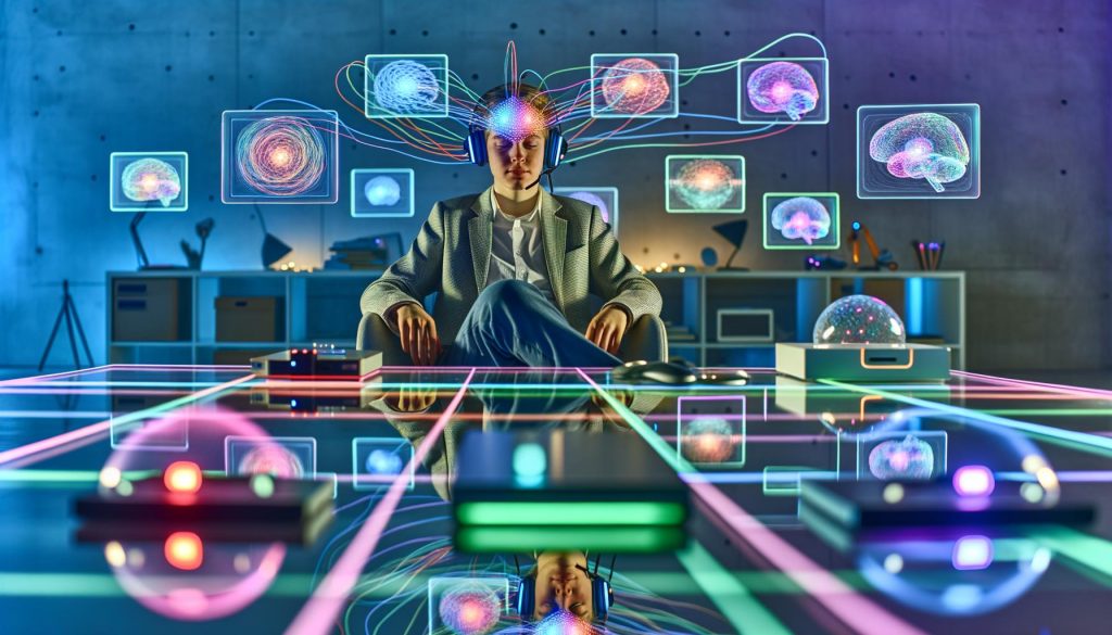 Person mit kabellosem EEG-Headset steuert per Gedanken mehrere holografische Geräte und Anwendungen in einem hellen, futuristischen Raum, während klassische Eingabegeräte ungenutzt bleiben.