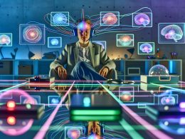 Person mit kabellosem EEG-Headset steuert per Gedanken mehrere holografische Geräte und Anwendungen in einem hellen, futuristischen Raum, während klassische Eingabegeräte ungenutzt bleiben.