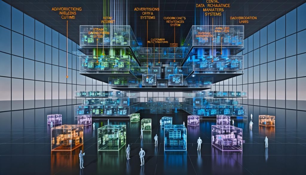 Architektonischer Blueprint einer futuristischen Dateninfrastruktur mit leuchtenden Datenströmen, Glaskuben, zentralem Data Warehouse und Menschen an holografischen Benutzeroberflächen.