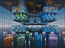 Architektonischer Blueprint einer futuristischen Dateninfrastruktur mit leuchtenden Datenströmen, Glaskuben, zentralem Data Warehouse und Menschen an holografischen Benutzeroberflächen.