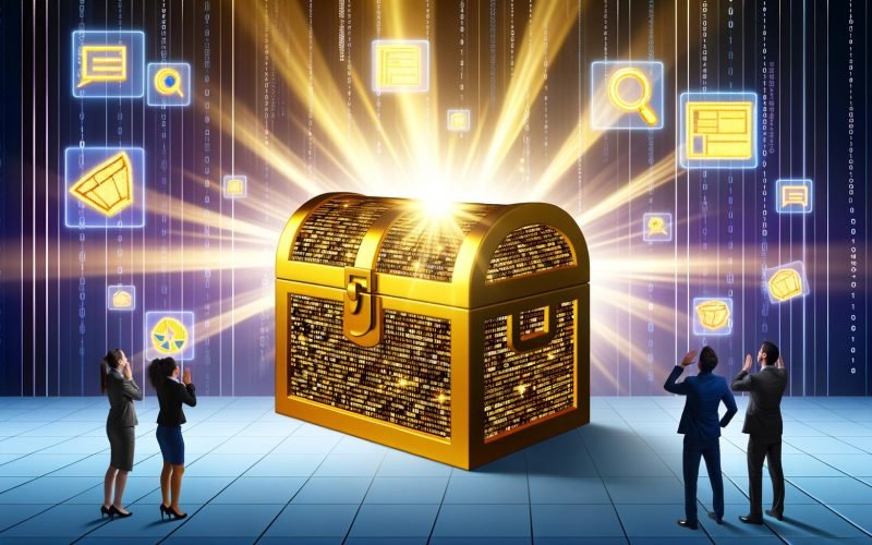 Goldene digitale Schatztruhe mit Binärcode, umgeben von Content-Symbolen und bewundert von verschiedenen Berufstätigen in moderner Arbeitsumgebung.