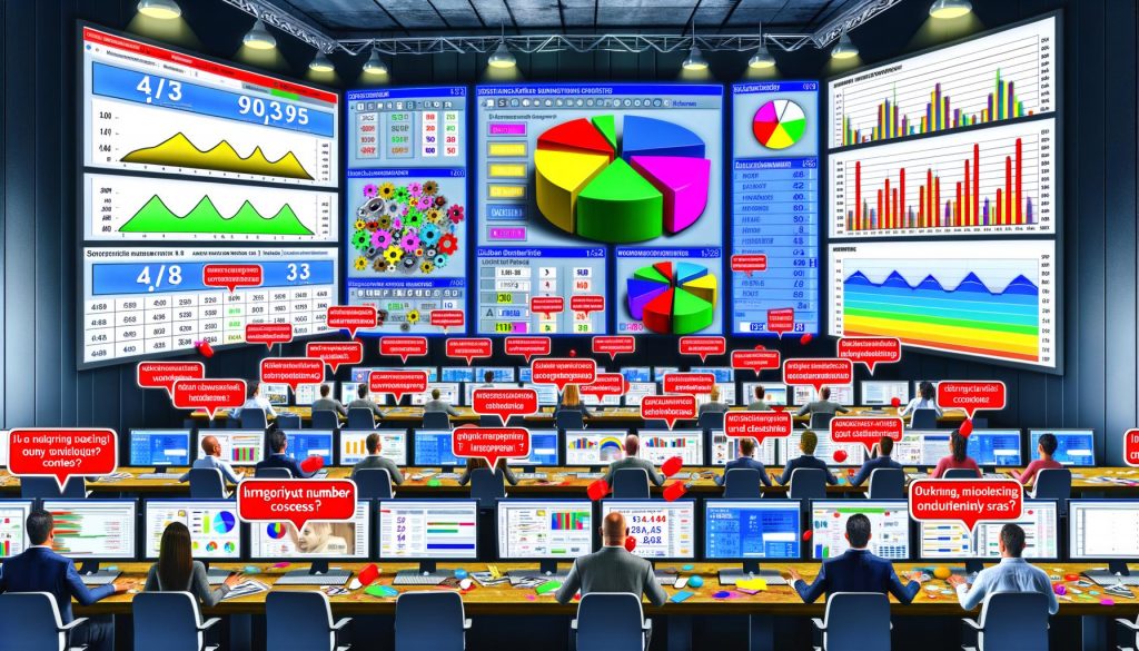 Überfüllter digitaler Marketing-War Room mit bunten Dashboards, endlosen Charts, großen Metrikzahlen wie Pageviews und Likes sowie abgelenkten Marketern, während im Hintergrund das wahre Geschäft unbeachtet bleibt.