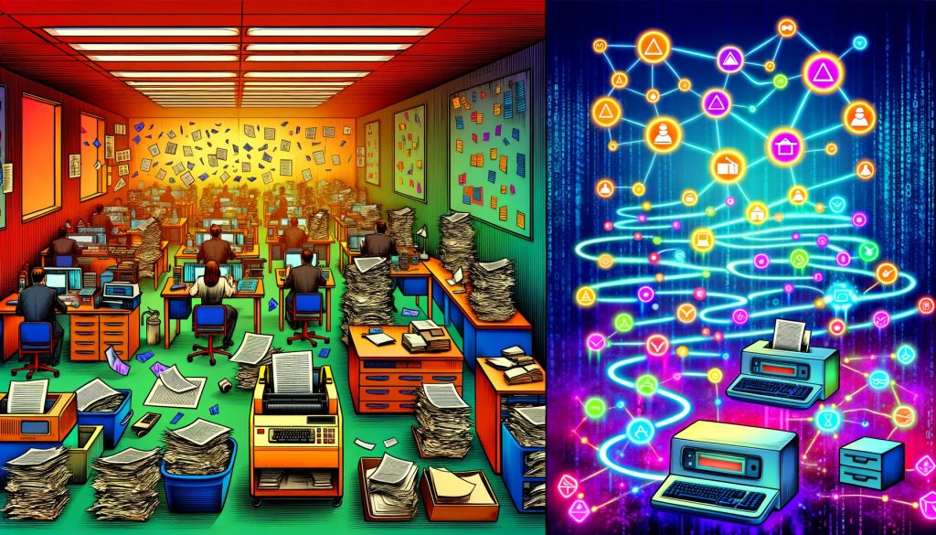 Gegenüberstellung einer chaotischen analogen Büroumgebung mit veralteter Technik und einem modernen, vernetzten digitalen Arbeitsplatz mit API-Symbolen und Content-Hub.