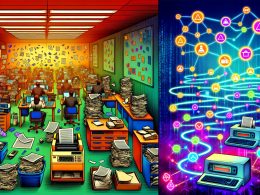 Gegenüberstellung einer chaotischen analogen Büroumgebung mit veralteter Technik und einem modernen, vernetzten digitalen Arbeitsplatz mit API-Symbolen und Content-Hub.