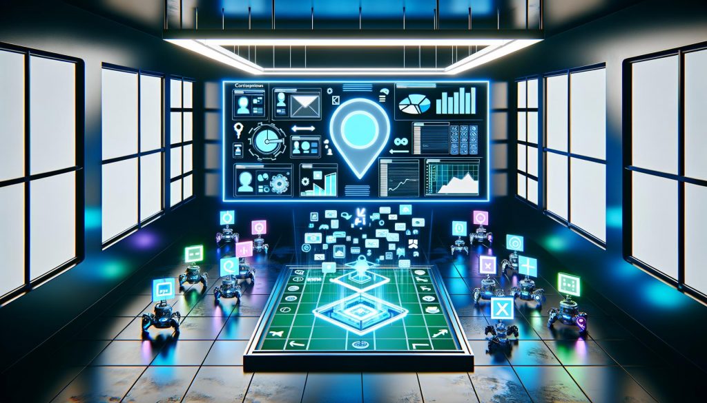 Illustration eines futuristischen Marketing-Offices mit KI-generierten Inhalten, leuchtenden Datenströmen, Automatisierung durch Roboterarme und einem modernen Dashboard. Im Fokus steht ein modulares Framework, während klassische Tools wie Excel und Zapier verblasst im Hintergrund erscheinen.